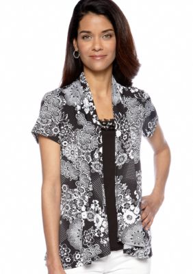 Kim Rogers Petite Short Sleeve 2fer with Embellished Neckline Top