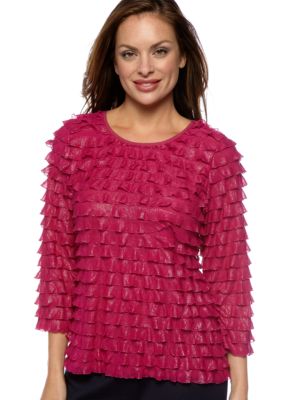 Kim Rogers&reg; Petite 3/4 Sleeve Eyelash Ruffle Top with Lurex Shine