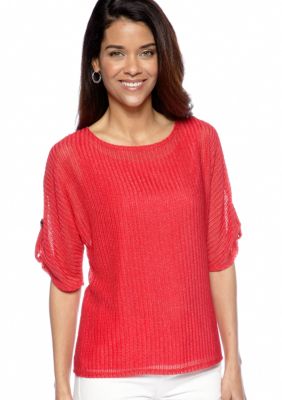 Kim Rogers Petite Short Sleeve Braid Texture Top with Tank