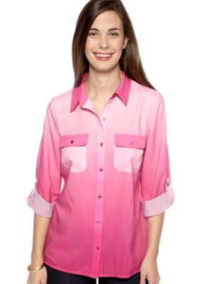 Kim Rogers Petite Button Down Ombre Blouse with Roll Tab Sleeves