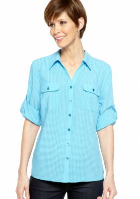 Kim Rogers Petite Button Down Blouse with Flap Pockets and Roll Tab Sleeves