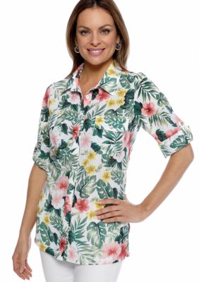 Kim Rogers Petite Printed Button Down Blouse with Roll Tab Sleeves and Patch Pockets