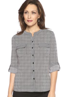 Kim Rogers Petite Stripe Roll Tab Sleeve Shirt