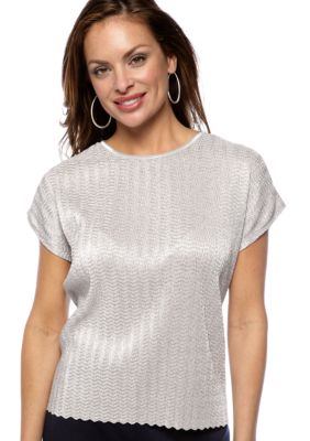 Kim Rogers Petite Solid Crew Neck Texture Crinkle Shell