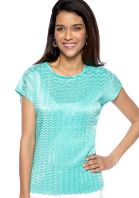 Kim Rogers Petite Solid Crew Neck Texture Crinkle Shell