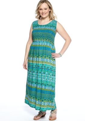 Kim Rogers Plus Size Sleeveless Printed Smocked Maxi Dress