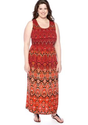 Kim Rogers Plus Size Printed Smocked Maxi Dress