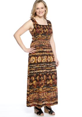 Kim Rogers Plus Size Tribal Print Smocked Maxi Dress