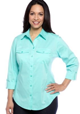Kim Rogers Plus Size Solid Mixed Media Button Front Blouse
