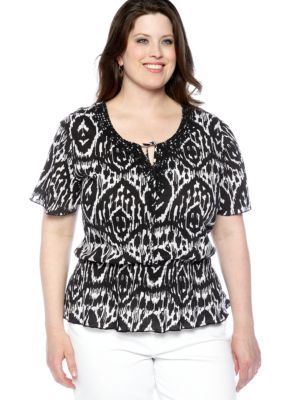 Kim Rogers Plus Size Printed Gauze Peplum Peasant Top
