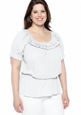 Kim Rogers Plus Size Ruffle Neck Shadow Stripe Gauze Peplum Top