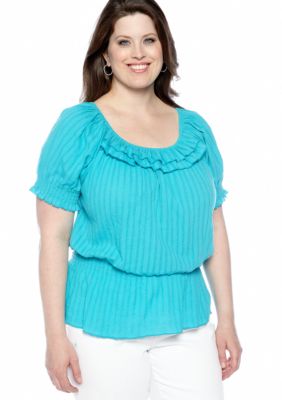 Kim Rogers Plus Size Ruffle Neck Shadow Stripe Gauze Peplum Top