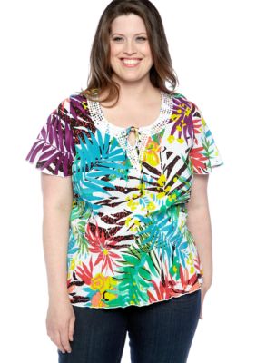Kim Rogers Plus Size Printed Gauze Peplum Top
