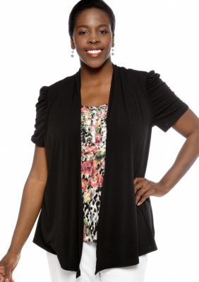 Kim Rogers Plus Size Solid ITY 2fer Top with Printed Lace Inset