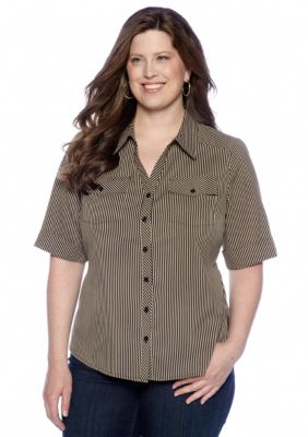 Kim Rogers Plus Size Vertical Stripe Utility Shirt