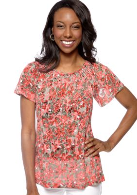 Kim Rogers Short Sleeve Daisy Printed Peasant Top