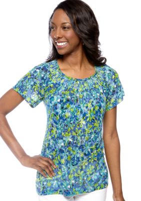 Kim Rogers&reg; Short Sleeve Daisy Printed Peasant Top