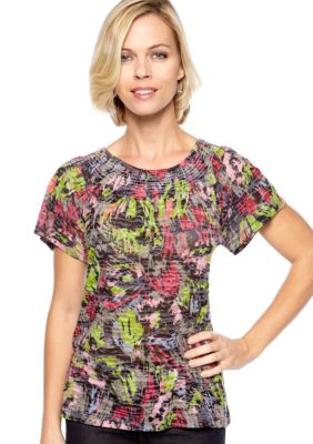 Kim Rogers Short Sleeve Peasant Brush Stroke Print Top