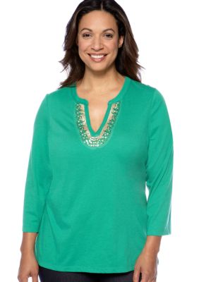 Kim Rogers&reg; Plus Size Embellished Split Neck Knit Top