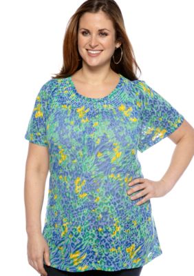 Kim Rogers Plus Size Wavy Skin Burnout Peasant Top