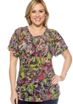 Kim Rogers Plus Size Brushstroke Burnout Peasant Top