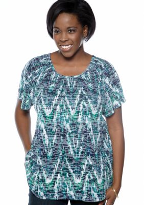 Kim Rogers Plus Size Vertical Zig Zag Burnout Peasant Top