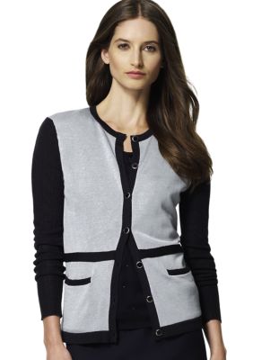 Jones New York Collection Three-Quarter Sleeve Contrast Trim Cardigan