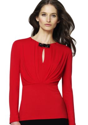 Jones New York Collection Petite Long Sleeve Jewel Neck Pleated Top