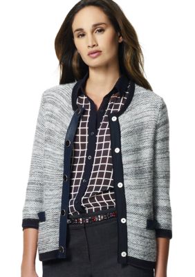 Jones New York Collection 3/4 Sleeve Leather Trim Cardigan