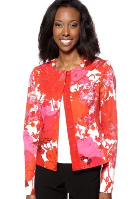 Jones New York Collection Petite Floral Print Jacket with Grosgrain Embellishment
