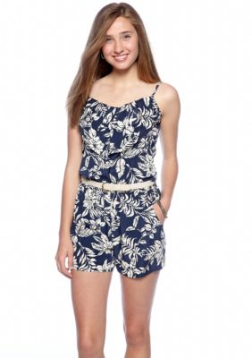 A Byer Tropical Print Ruffle Front Romper