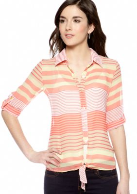 A Byer Coral Stripe Tie Front Button Down