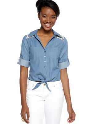 A Byer Chambray Tie Front Top