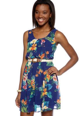 A Byer Tropical Dress with Braided Belt