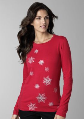 Jones New York Sport Long Sleeve Snowflake Printed Crew Neck Tee