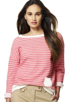 Jones New York Sport Boat Neck Stripe Top with Roll Tab Sleeves