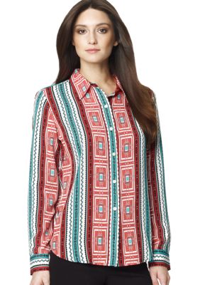 Jones New York Sport Printed Button Down Blouse with Roll Sleeves