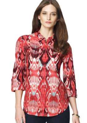 Jones New York Sport Ikat Print Button Down Linen Blouse with Roll Sleeves
