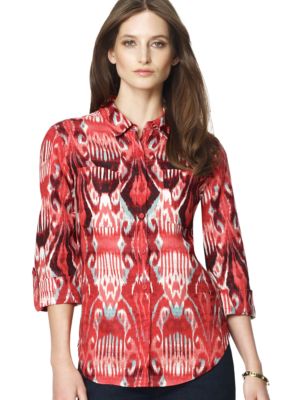 Jones New York Sport Petite Ikat Print Button Down Blouse with Roll Sleeves
