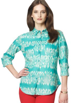 Jones New York Sport Printed Button Down Linen Blouse with Roll Sleeves
