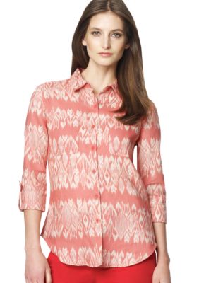 Jones New York Sport Printed Button Down Linen Blouse with Roll Sleeves