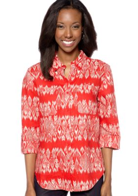 Jones New York Sport Petite Printed Button Down Blouse with Roll Sleeves