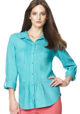 Jones New York Sport Button Down Linen Blouse with Pintuck Pleats