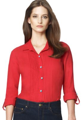 Jones New York Sport Button Down Linen Blouse with Pintuck Pleats