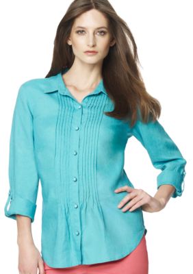 Jones New York Sport Petite Button Down Blouse with Pintuck Pleats
