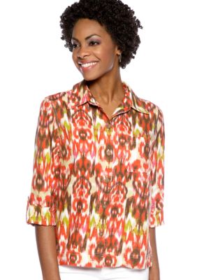 Jones New York Sport 3/4 Sleeve Printed Linen Button Down Blouse