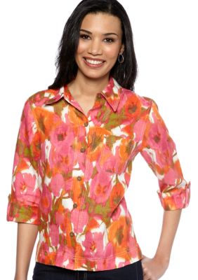 Jones New York Sport Faux Roll Sleeve Linen Top