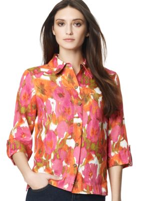 Jones New York Sport Petite Floral Print Blouse with Roll Sleeves