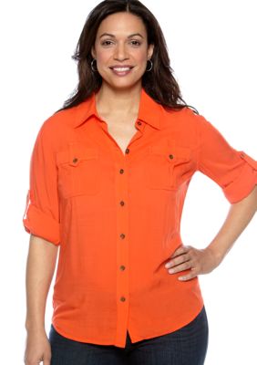 Jones New York Sport Plus Size Utility Roll Sleeve Shirt