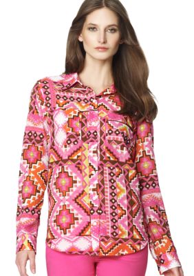 Jones New York Sport Print Roll Sleeve Equipment Shirt